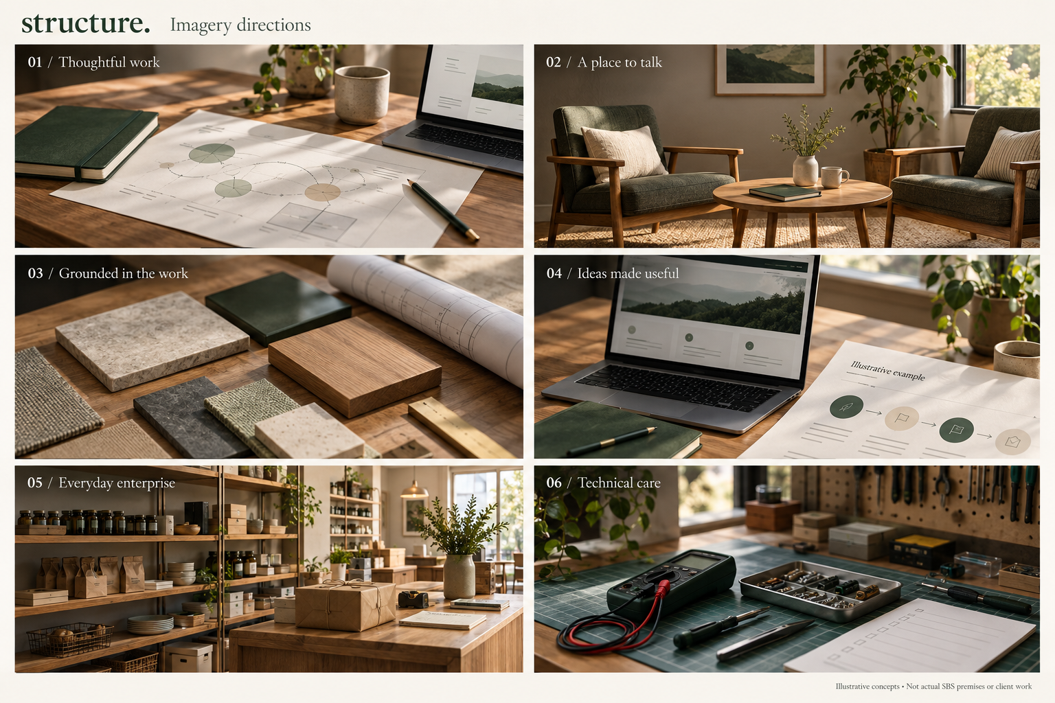 Illustrative timber, stone and fabric samples beside rolled plans.